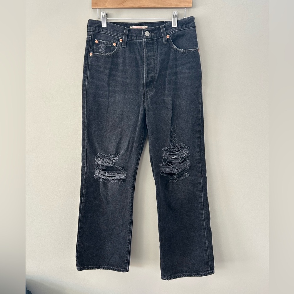 Levis Black Distressed Ribcage High Rise Straight Leg Streetwear Casual Jeans - Picture 4 of 7
